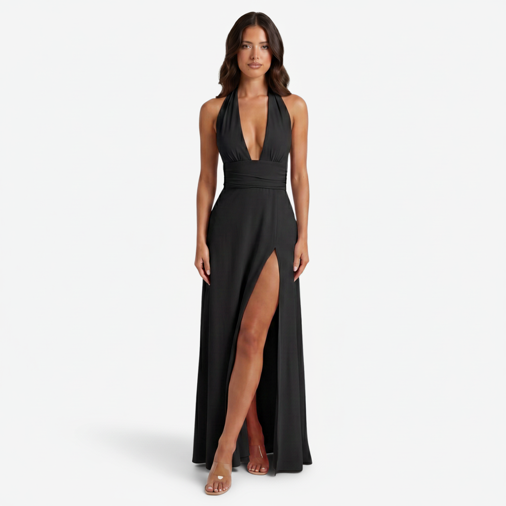 VALERIQUE | Femme Robe Longue Formelle en Mélange de Coton Blanc, Rose et Noir, Décolleté Plongeant, Bretelles Halter
