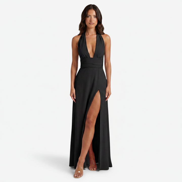 VALERIQUE | Femme Robe Longue Formelle en Mélange de Coton Blanc, Rose et Noir, Décolleté Plongeant, Bretelles Halter