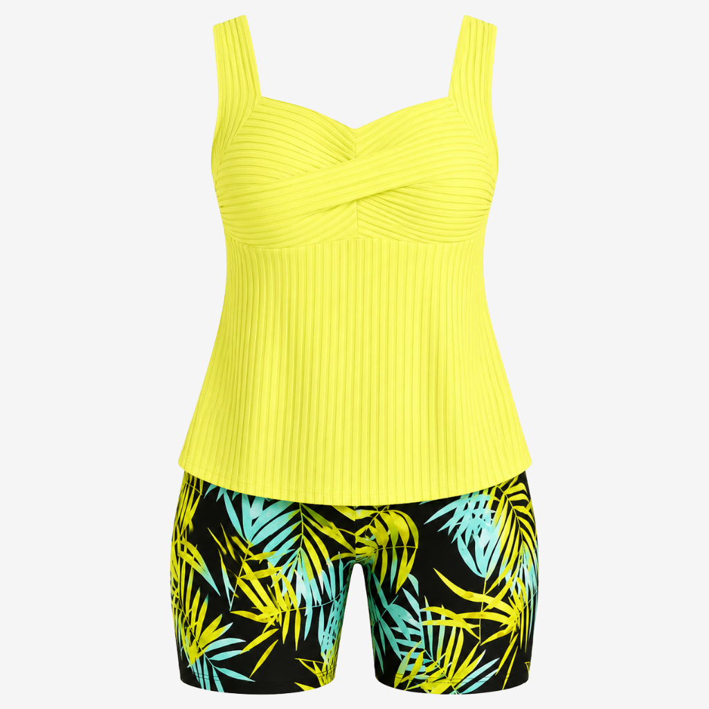 VALERIQUE | Ensemble Tankini Femme – Haut Côtelé Twist Front et Short Imprimé Tropical
