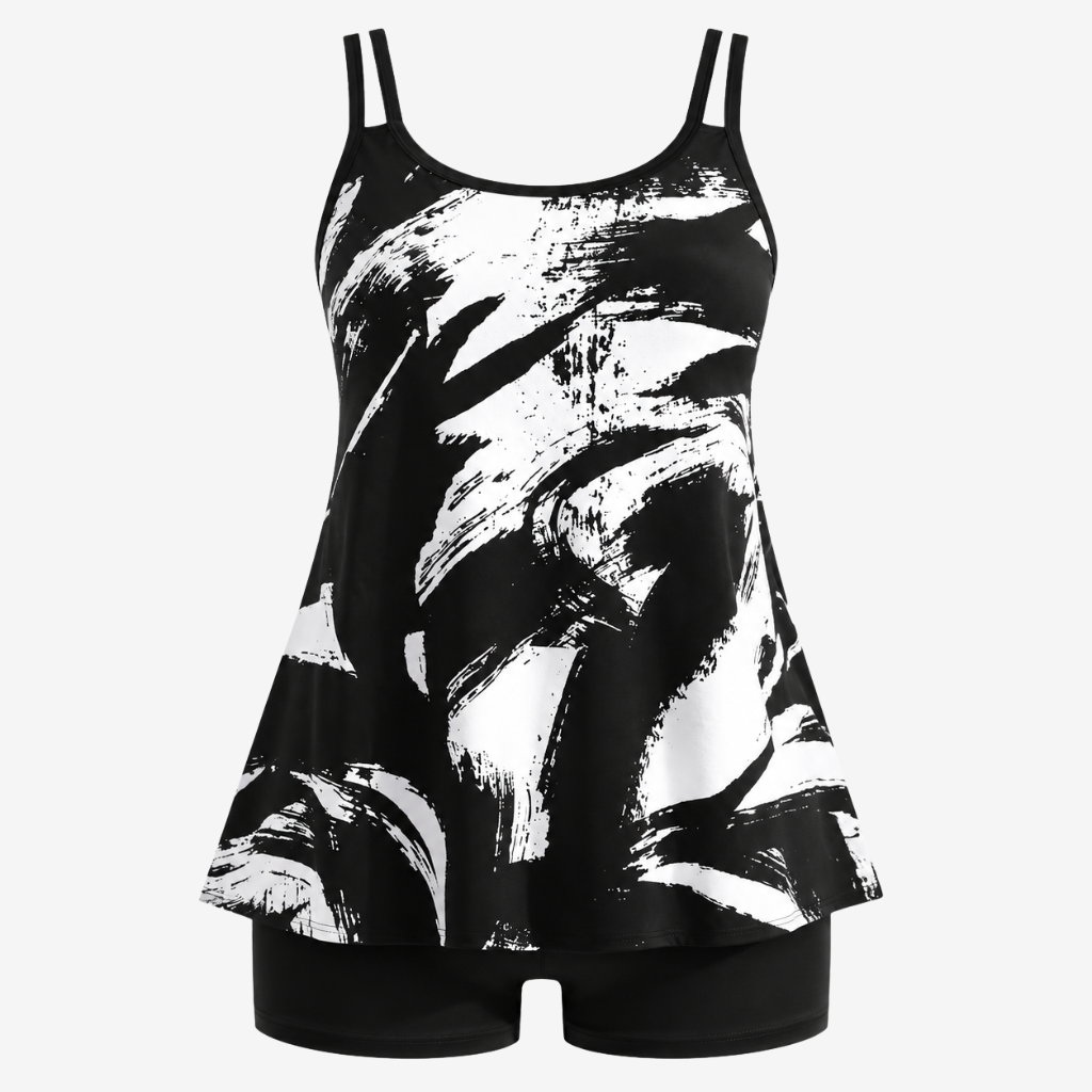 VALERIQUE | Ensemble Tankini Imprimé Femme – Haut Col Rond et Shorty de Bain