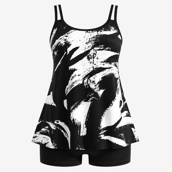VALERIQUE | Ensemble Tankini Imprimé Femme – Haut Col Rond et Shorty de Bain