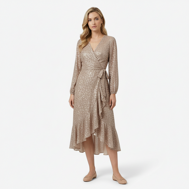 VALERIQUE | Femme Robe Formelle Cache-Cœur en, Manches Longues Bouffantes, Col en V Profond