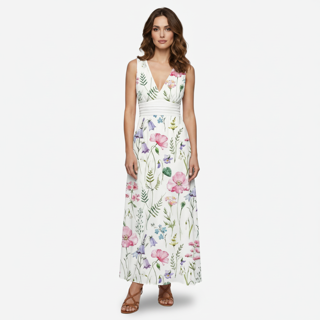 VALERIQUE | Femme Robe longue imprimé floral coupe évasée col V sans manches style décontracté