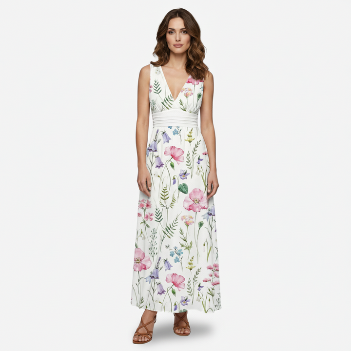 VALERIQUE | Femme Robe longue imprimé floral coupe évasée col V sans manches style décontracté