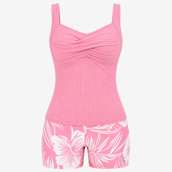 VALERIQUE | Ensemble Tankini Femme – Haut Côtelé Twist Front avec Short de Bain Imprimé Tropical