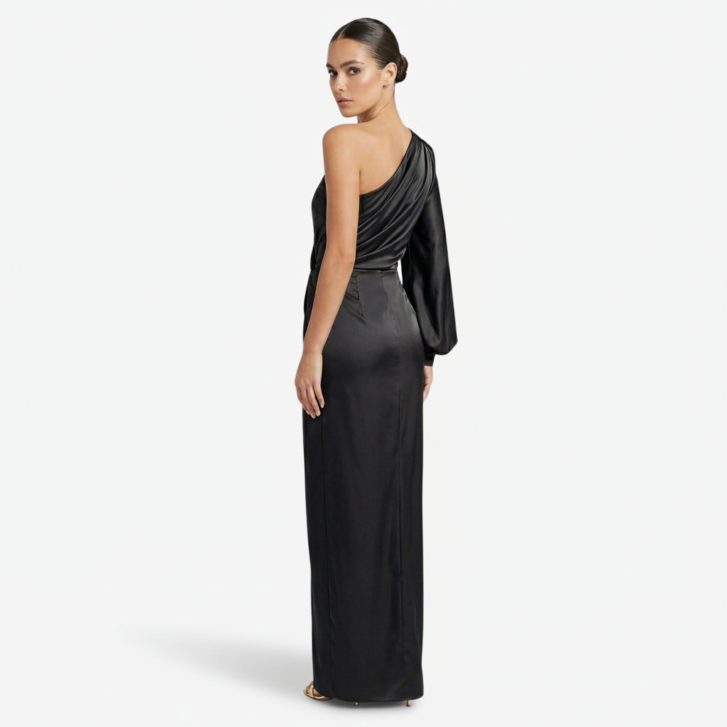 VALERIQUE | Femme Robe longue asymétrique manche longue coupe ajustée détail drapé style fluide