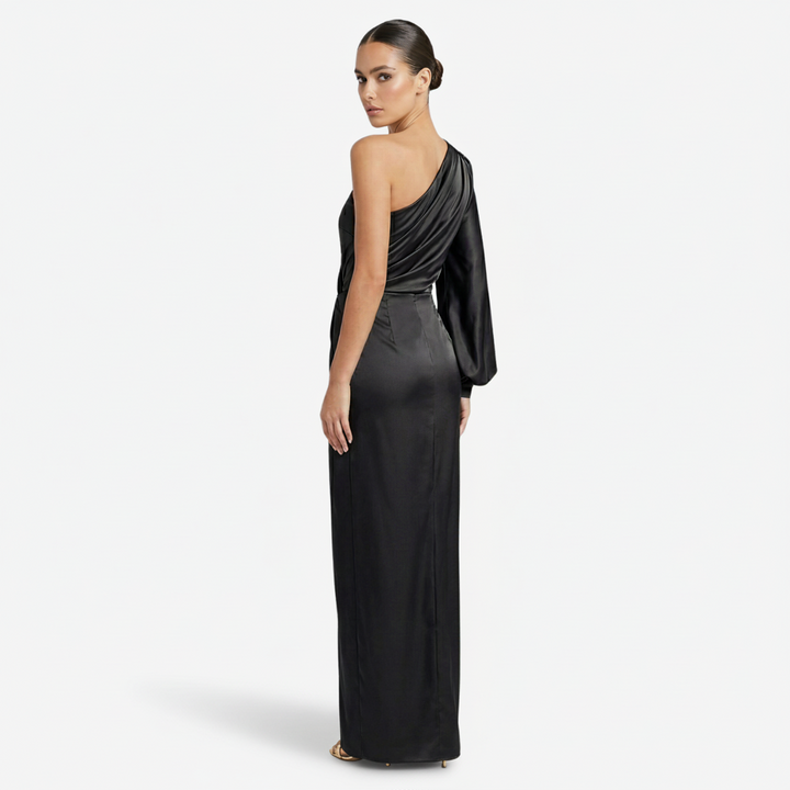 VALERIQUE | Femme Robe longue asymétrique manche longue coupe ajustée détail drapé style fluide