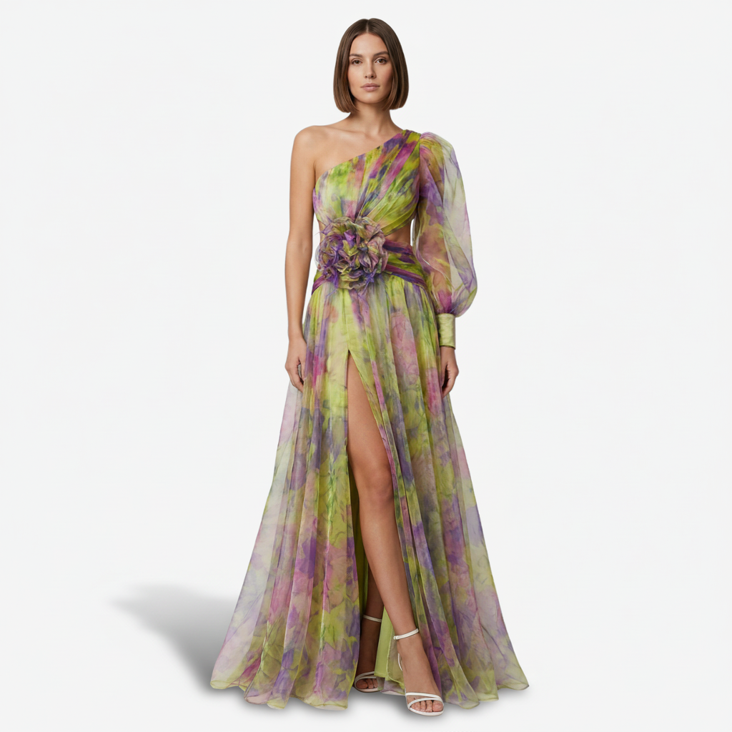 VALERIQUE | Femme Robe longue asymétrique coupe ajustée une manche détail drapé style fluide