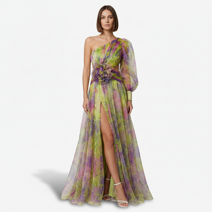 VALERIQUE | Femme Robe longue asymétrique coupe ajustée une manche détail drapé style fluide