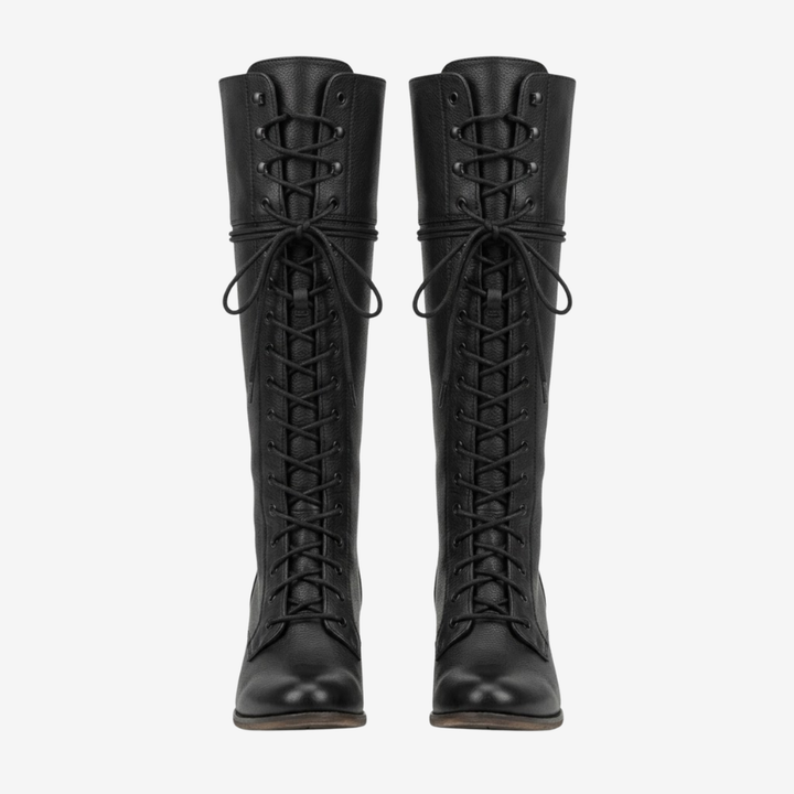 VALERIQUE | Femme bottes hautes café à lacets avec talon bloc et bout rond