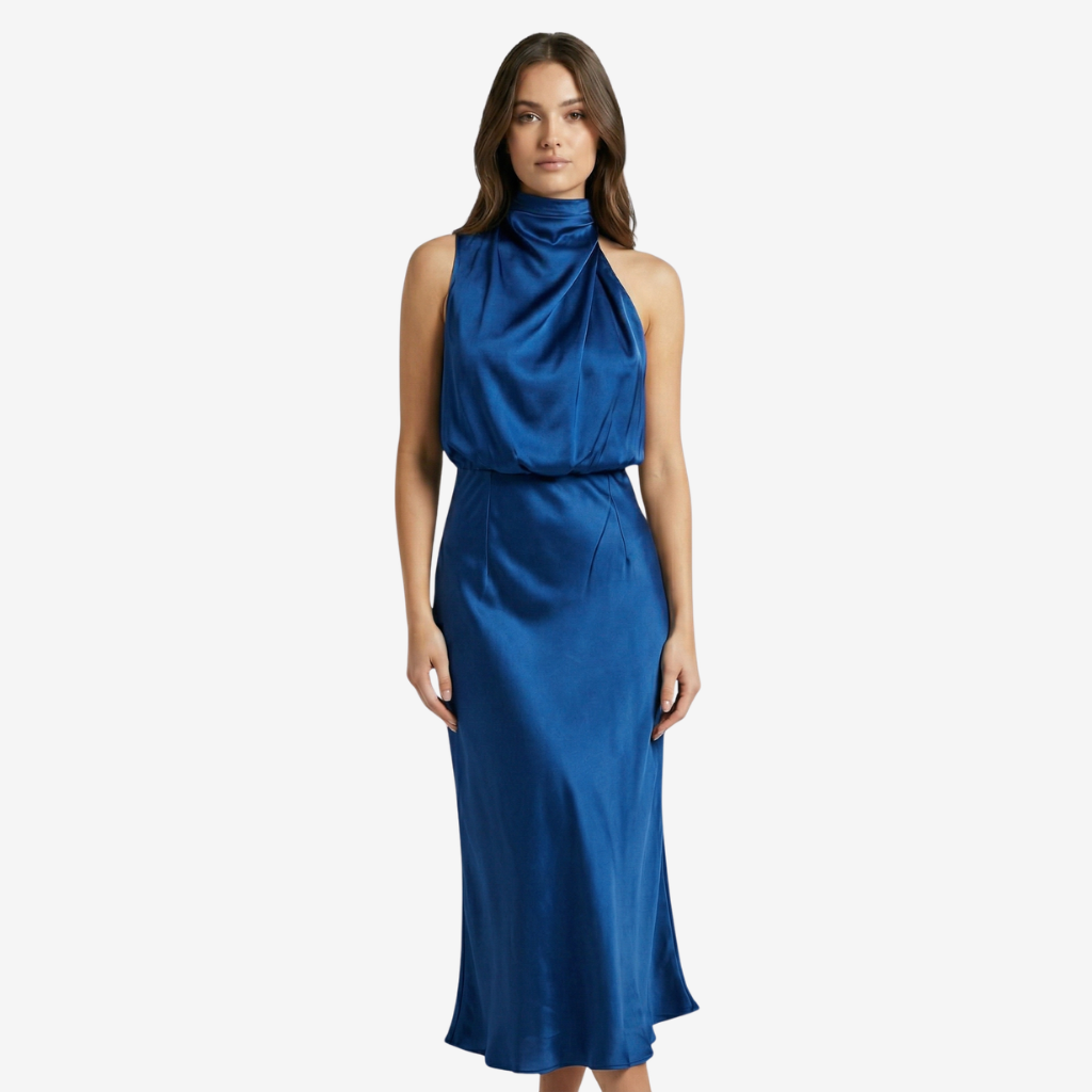 VALERIQUE | Femme Robe midi sans manches coupe ajustée col drapé style fluide