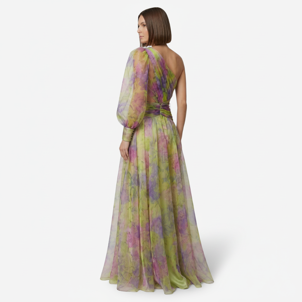 VALERIQUE | Femme Robe longue asymétrique coupe ajustée une manche détail drapé style fluide