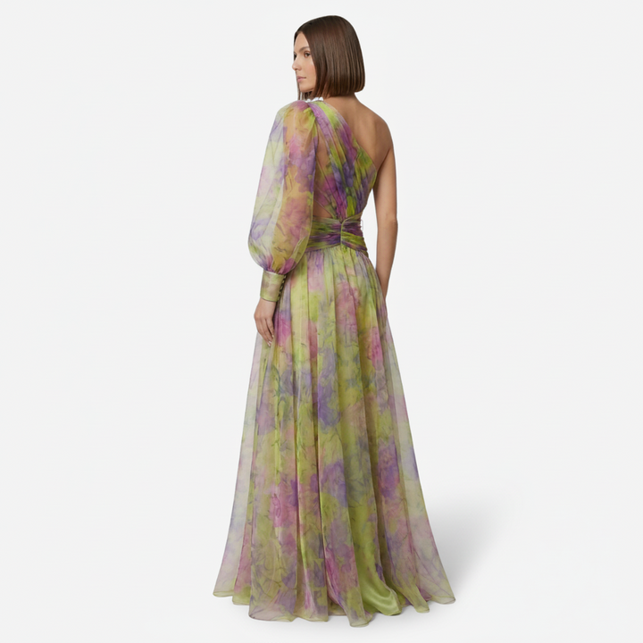 VALERIQUE | Femme Robe longue asymétrique coupe ajustée une manche détail drapé style fluide