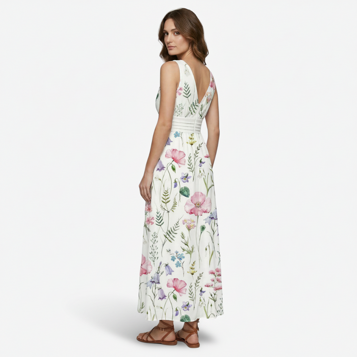VALERIQUE | Femme Robe longue imprimé floral coupe évasée col V sans manches style décontracté