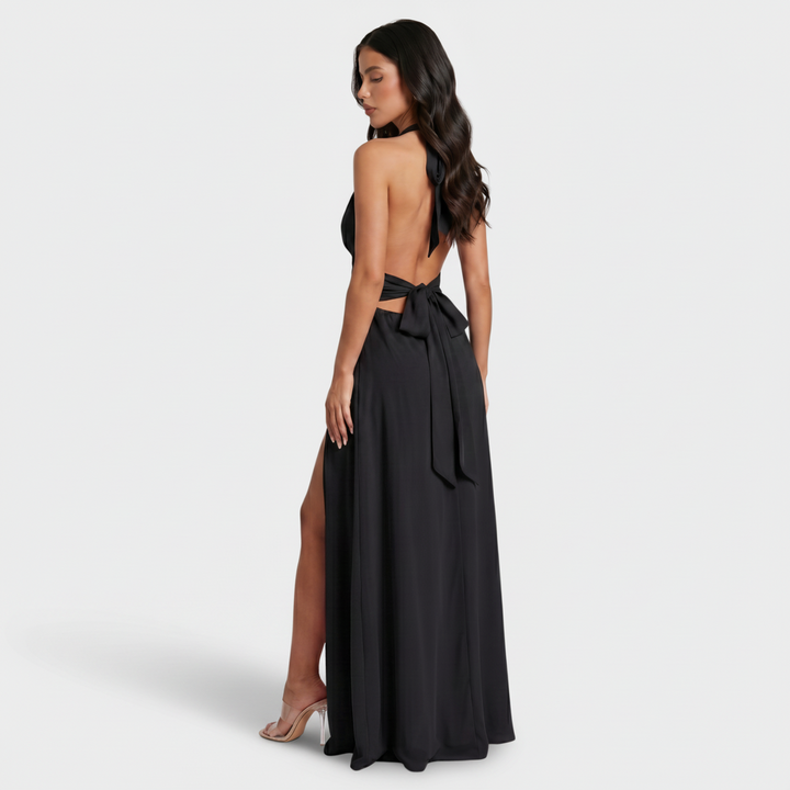 VALERIQUE | Femme Robe Longue Formelle en Mélange de Coton Blanc, Rose et Noir, Décolleté Plongeant, Bretelles Halter
