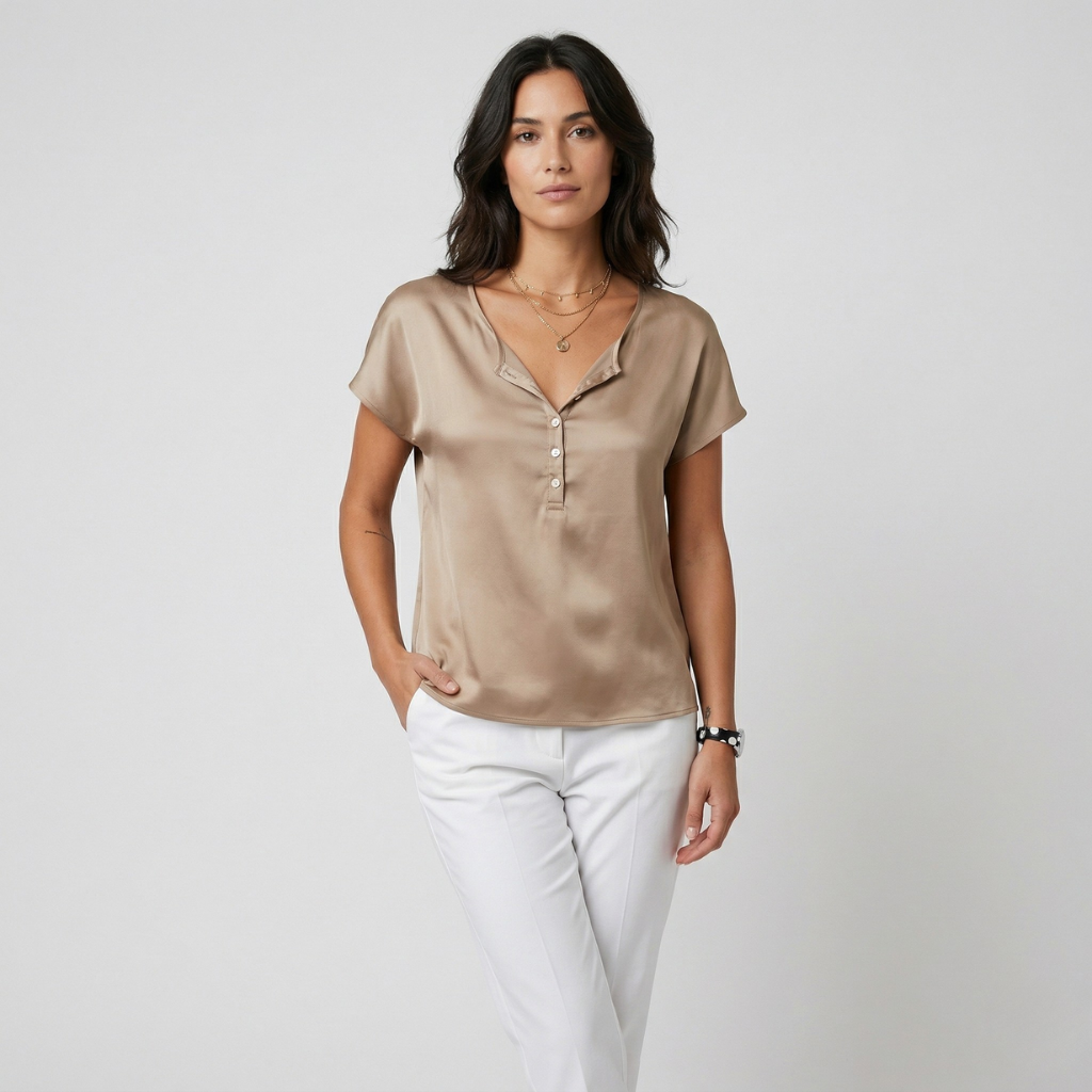 VALERIQUE | Femme blouse satinée à manches courtes avec col ouvert et patte boutonnée pour usage quotidien