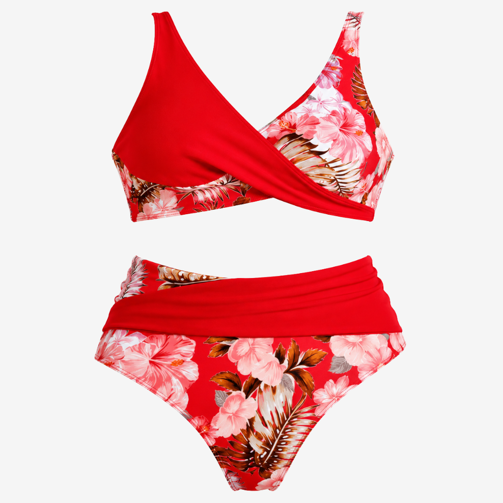 VALERIQUE | Ensemble Bikini Femme Croisé Fleuri – Maillot de Bain Deux Pièces Taille Haute