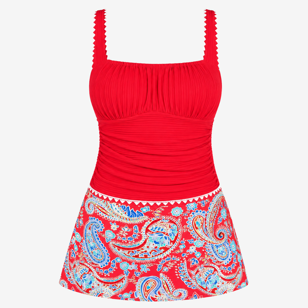 VALERIQUE | Ensemble Tankini Femme – Haut Froncé à Col Carré avec Jupe de Bain Fleurie