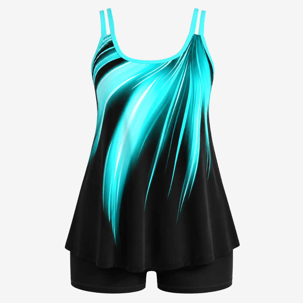 VALERIQUE | Ensemble Tankini Imprimé Femme – Haut Col Rond et Shorty de Bain