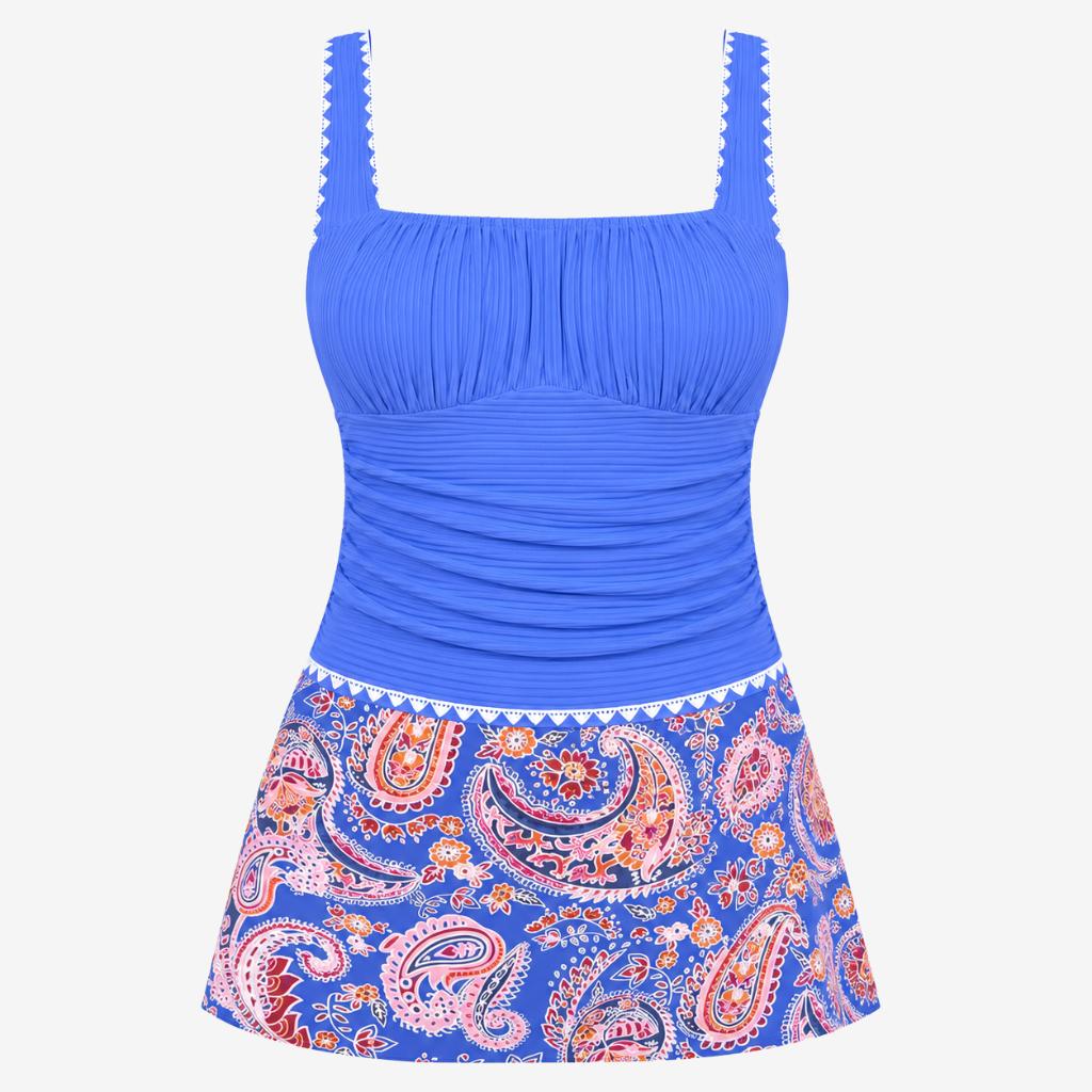 VALERIQUE | Ensemble Tankini Femme – Haut Froncé à Col Carré avec Jupe de Bain Fleurie