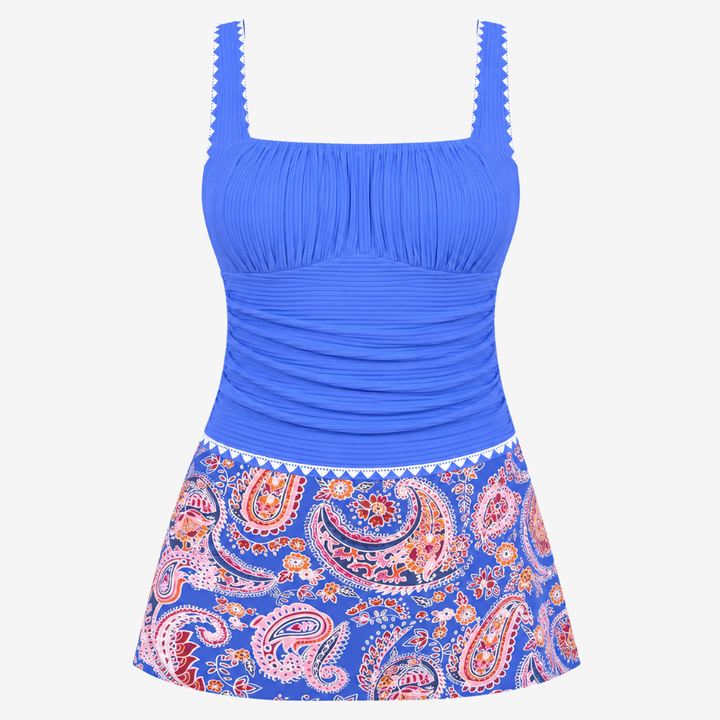 VALERIQUE | Ensemble Tankini Femme – Haut Froncé à Col Carré avec Jupe de Bain Fleurie