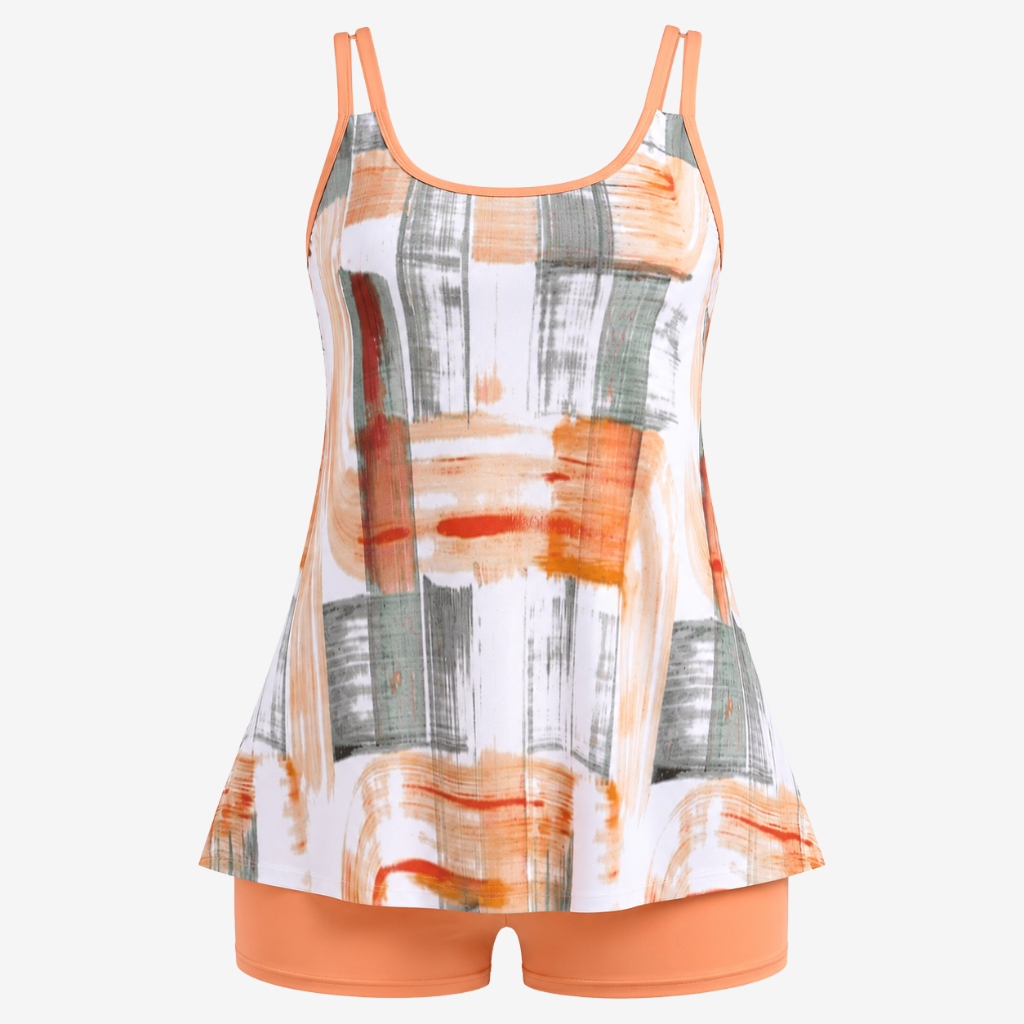 VALERIQUE | Ensemble Tankini Imprimé Femme – Haut Col Rond et Shorty de Bain