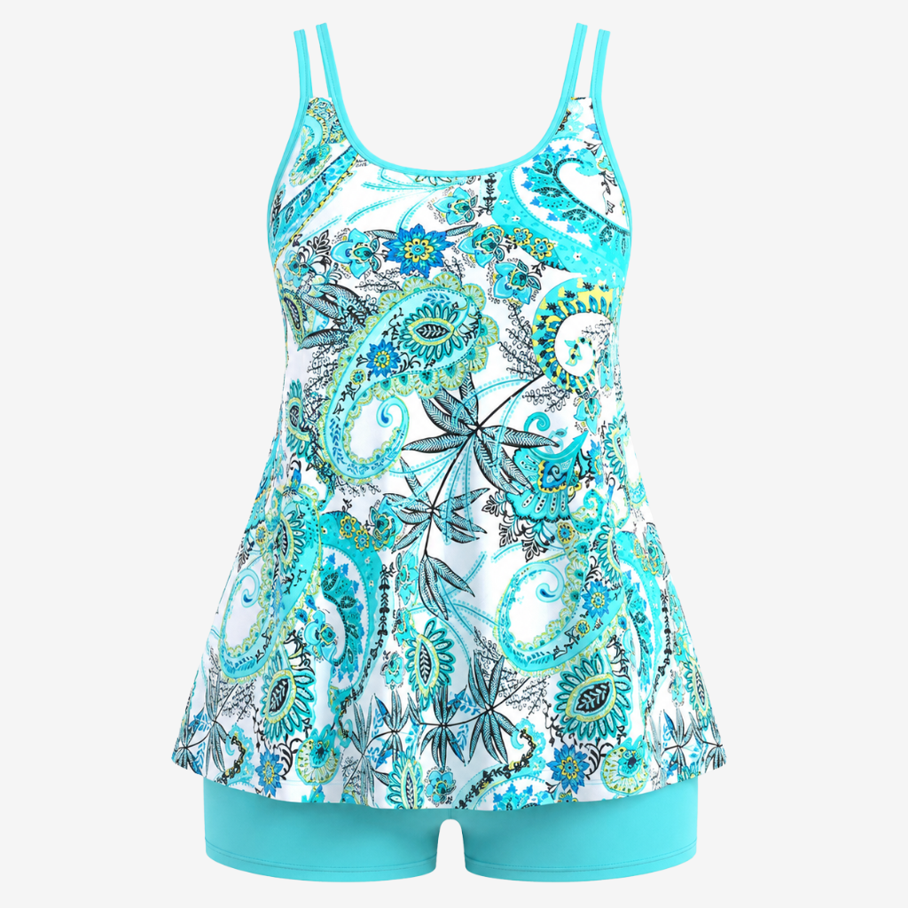 VALERIQUE | Ensemble Tankini Imprimé Femme – Haut Col Rond et Shorty de Bain