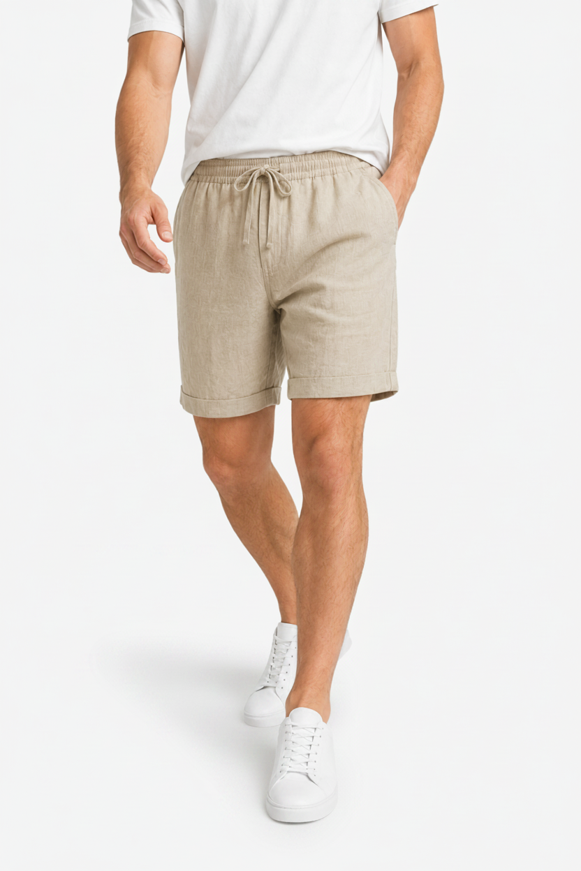VALERIQUE | Homme short en lin à taille élastique avec cordon de serrage, coupe décontractée confortable