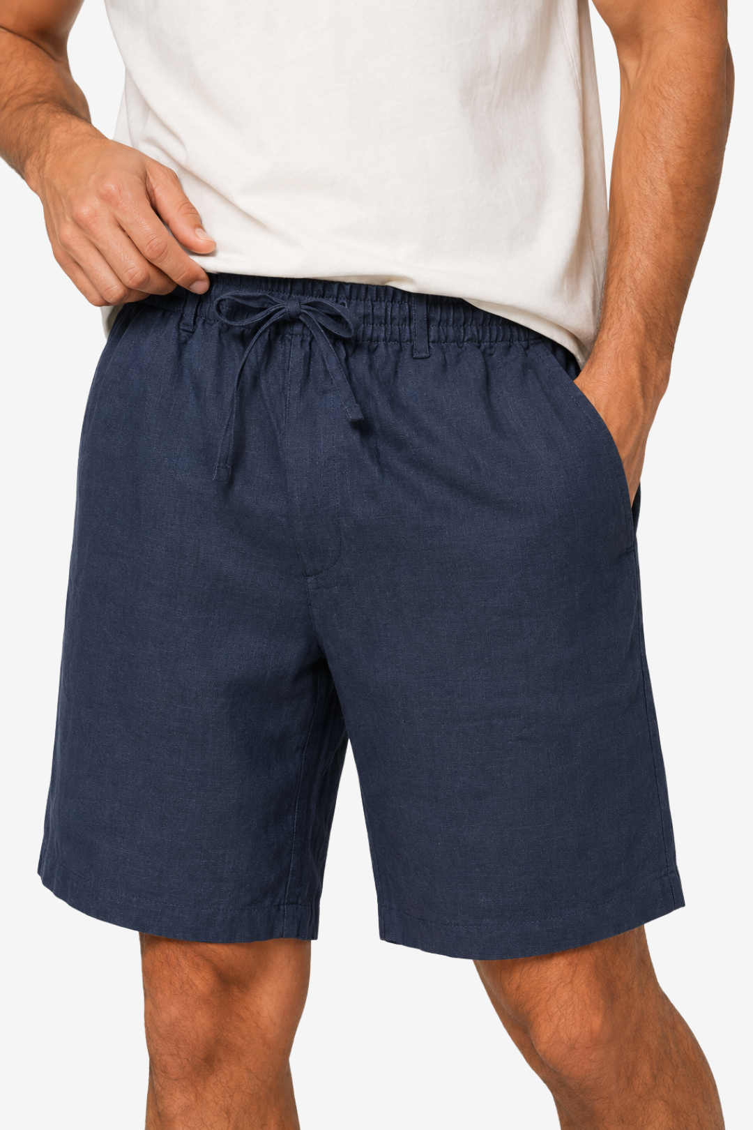 VALERIQUE | Homme short en lin bleu marine à taille élastiquée avec cordon coupe décontractée pour usage quotidien