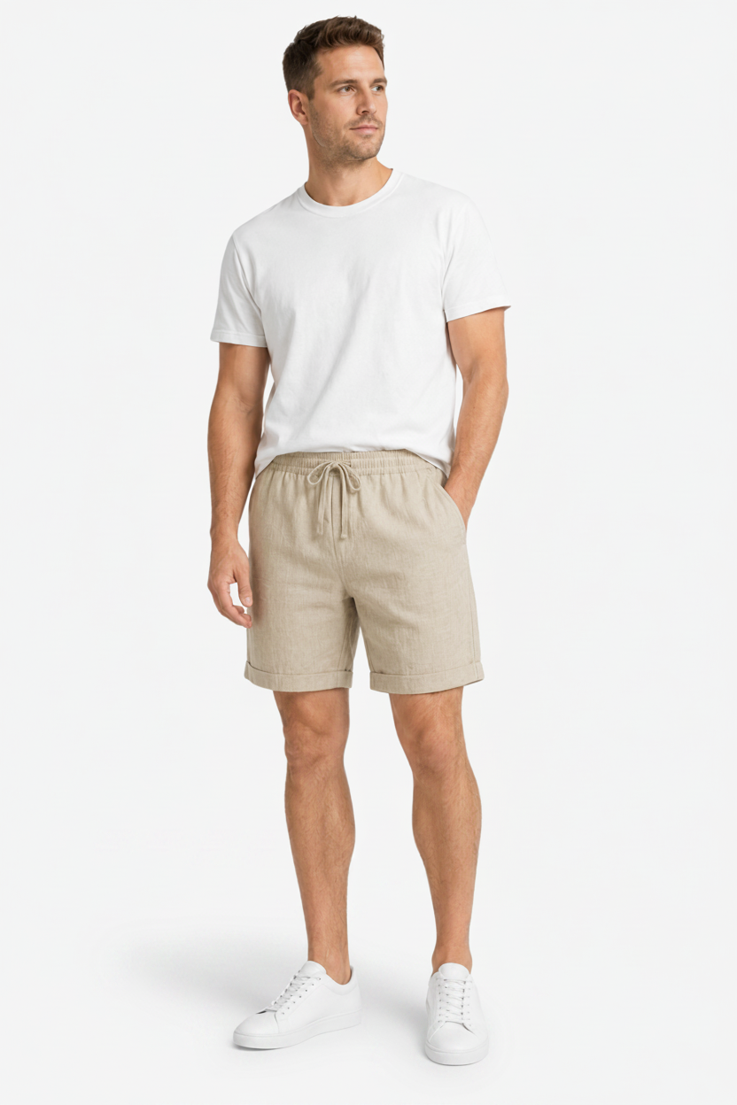 VALERIQUE | Homme short en lin à taille élastique avec cordon de serrage, coupe décontractée confortable