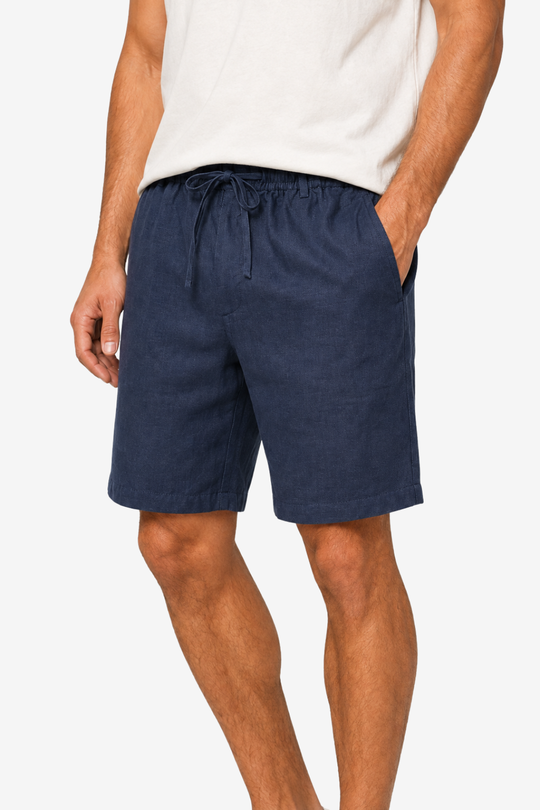 VALERIQUE | Homme short en lin bleu marine à taille élastiquée avec cordon coupe décontractée pour usage quotidien