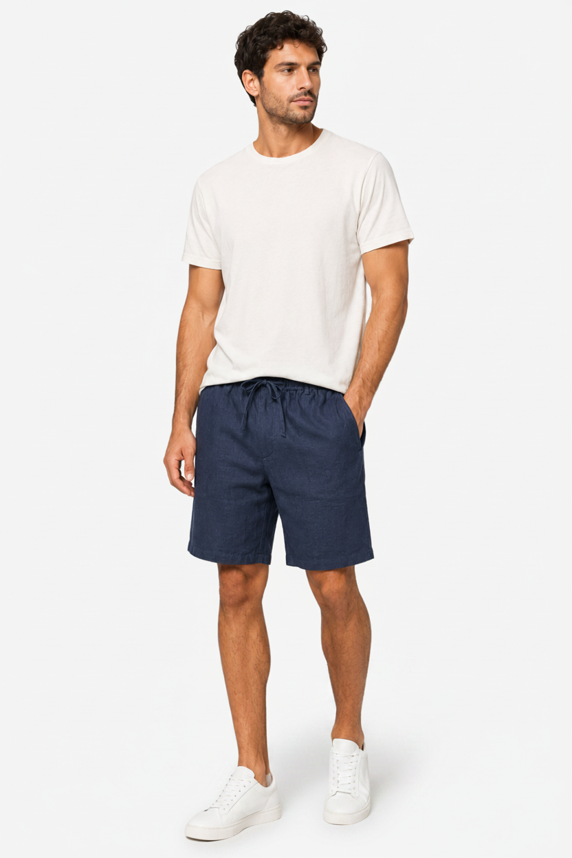 VALERIQUE | Homme short en lin bleu marine à taille élastiquée avec cordon coupe décontractée pour usage quotidien