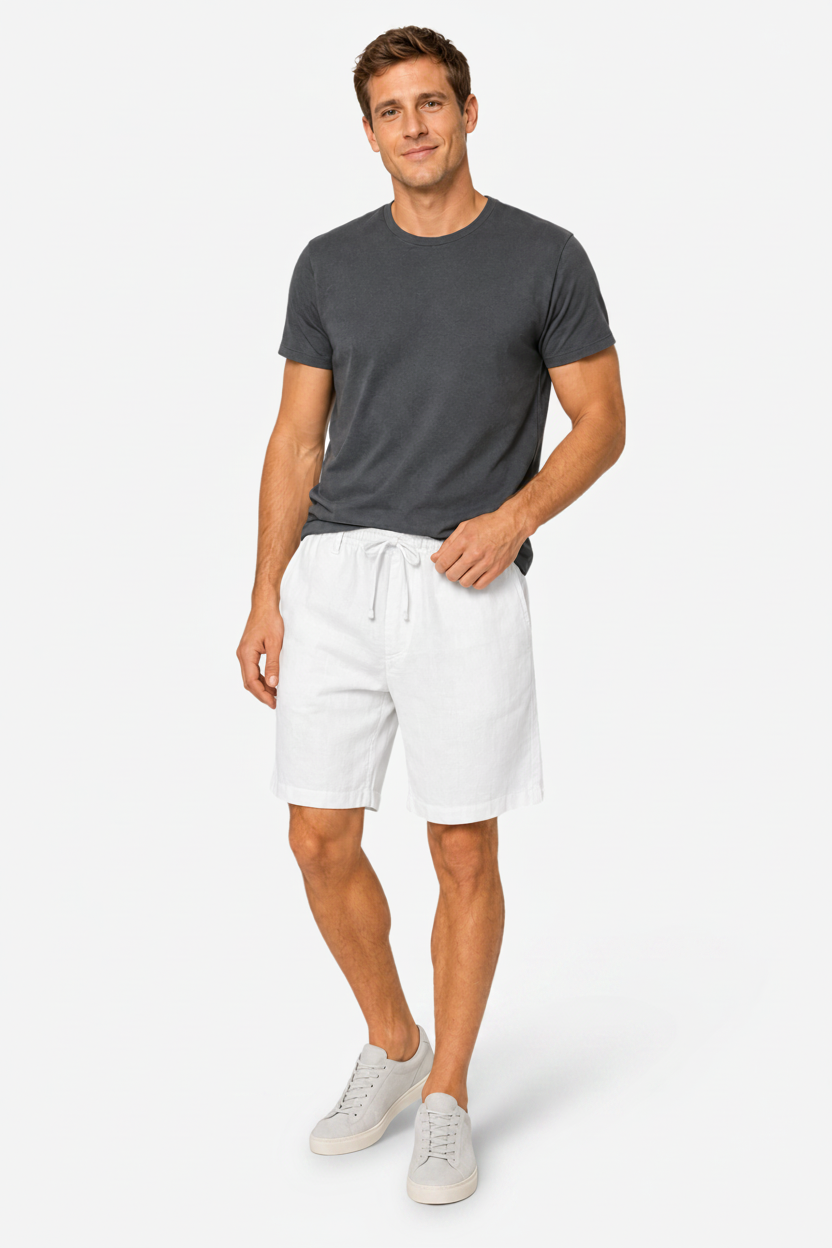 VALERIQUE | Homme short en lin bleu marine à taille élastiquée avec cordon coupe décontractée pour usage quotidien