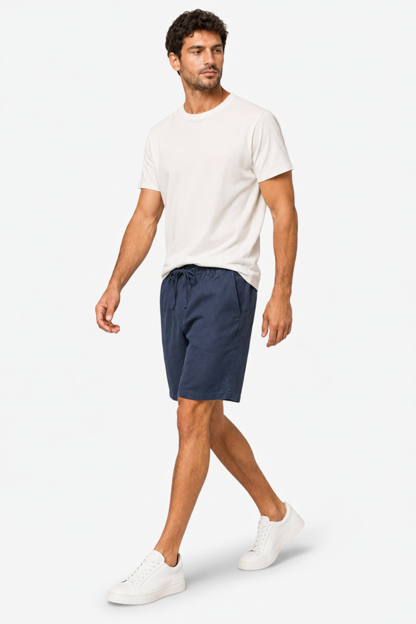VALERIQUE | Homme short en lin bleu marine à taille élastiquée avec cordon coupe décontractée pour usage quotidien