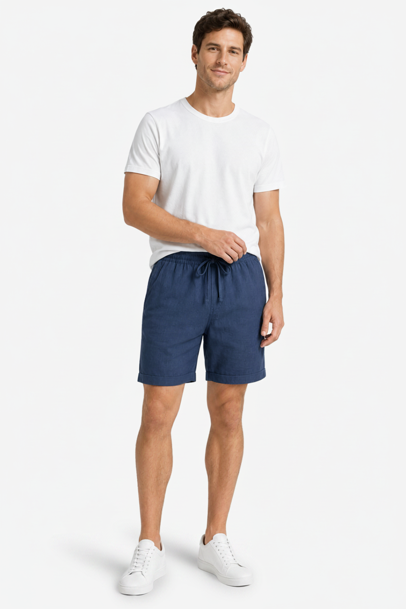 VALERIQUE | Homme short en lin à taille élastique avec cordon de serrage, coupe décontractée confortable