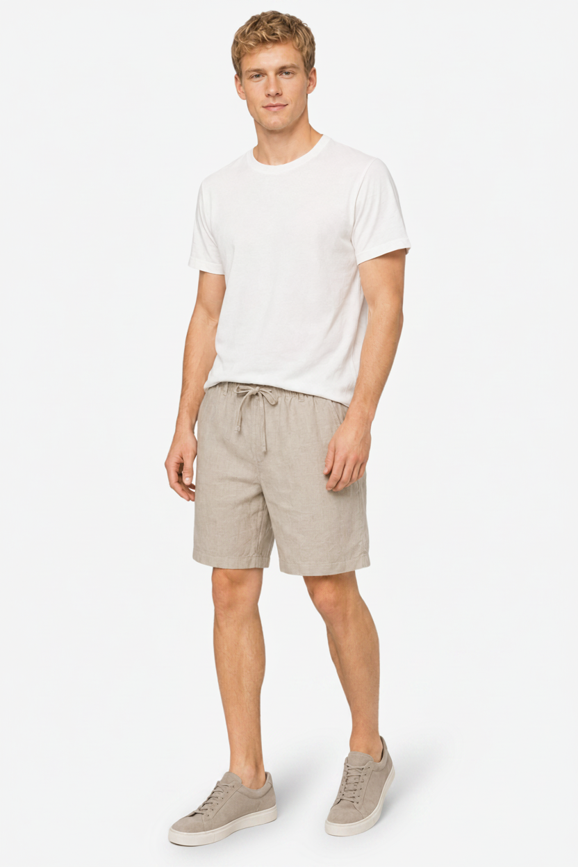 VALERIQUE | Homme short en lin bleu marine à taille élastiquée avec cordon coupe décontractée pour usage quotidien