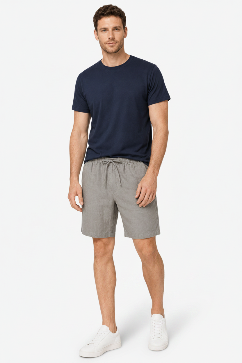 VALERIQUE | Homme short en lin bleu marine à taille élastiquée avec cordon coupe décontractée pour usage quotidien