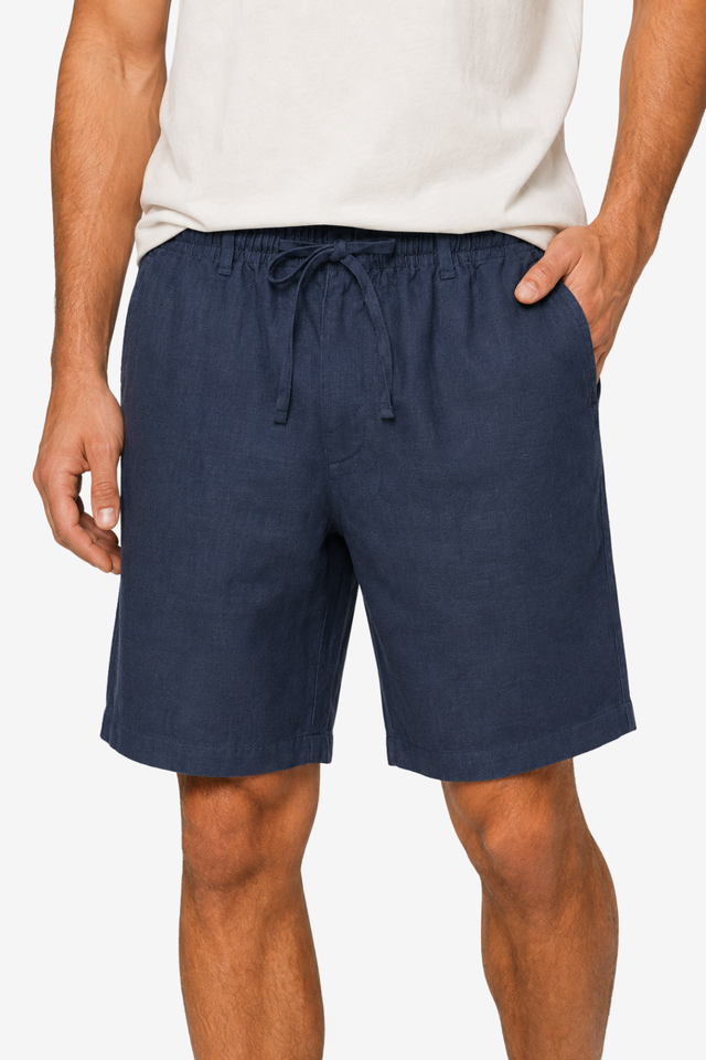 VALERIQUE | Homme short en lin bleu marine à taille élastiquée avec cordon coupe décontractée pour usage quotidien