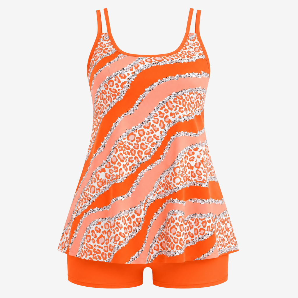 VALERIQUE | Ensemble Tankini Imprimé Femme – Haut Col Rond et Shorty de Bain