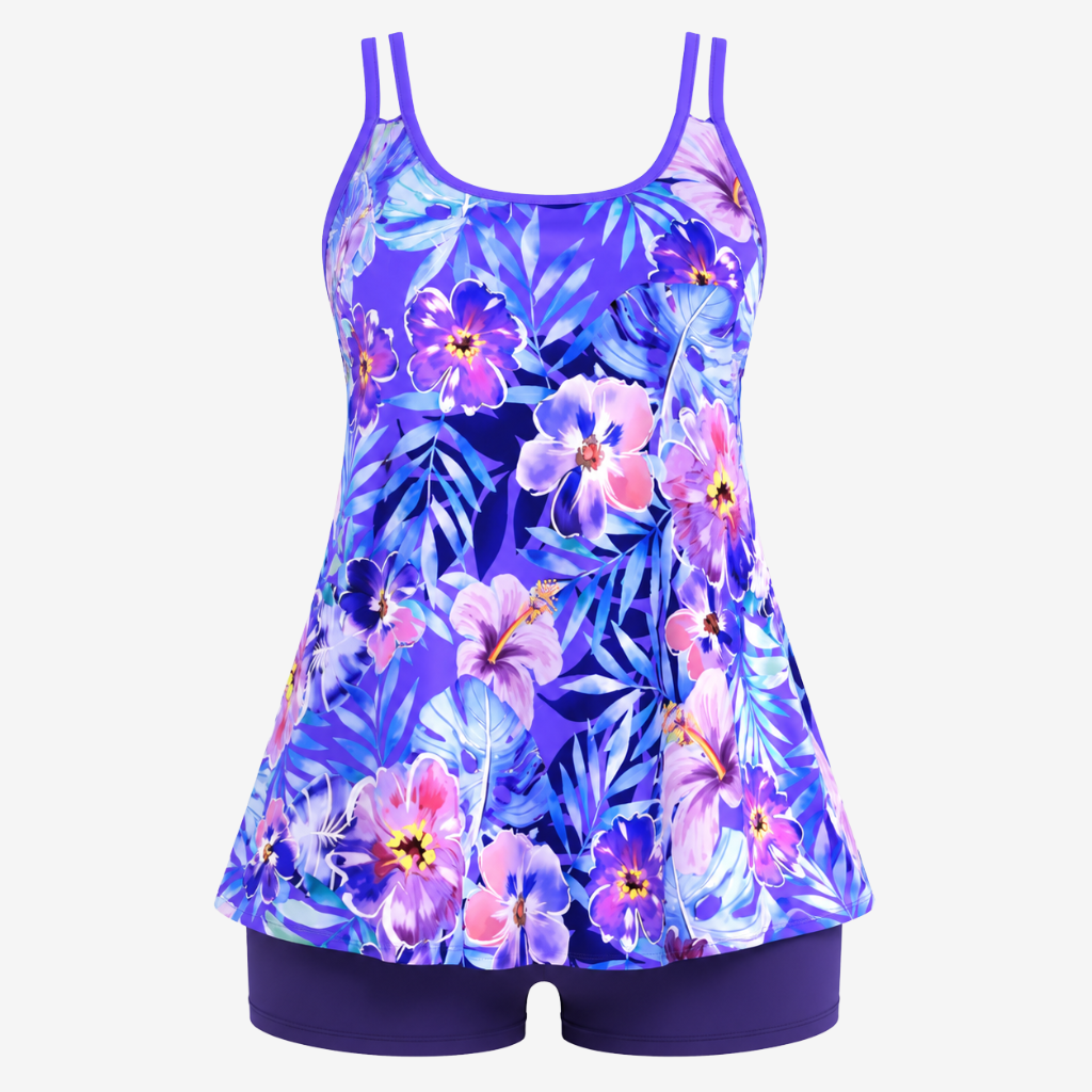 VALERIQUE | Ensemble Tankini Imprimé Femme – Haut Col Rond et Shorty de Bain