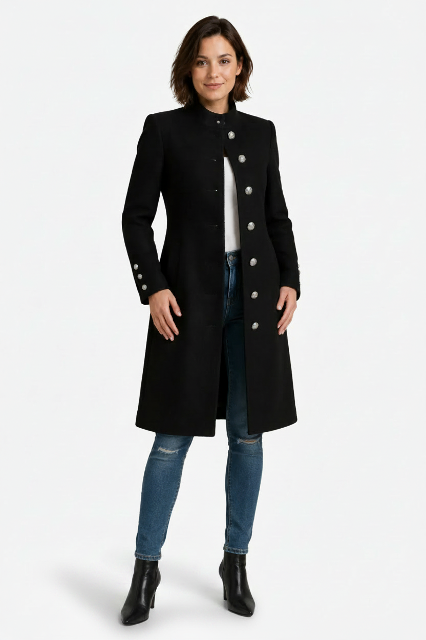 VALERIQUE | Manteau long boutonné pour femme – Modèle croisé à revers crantés