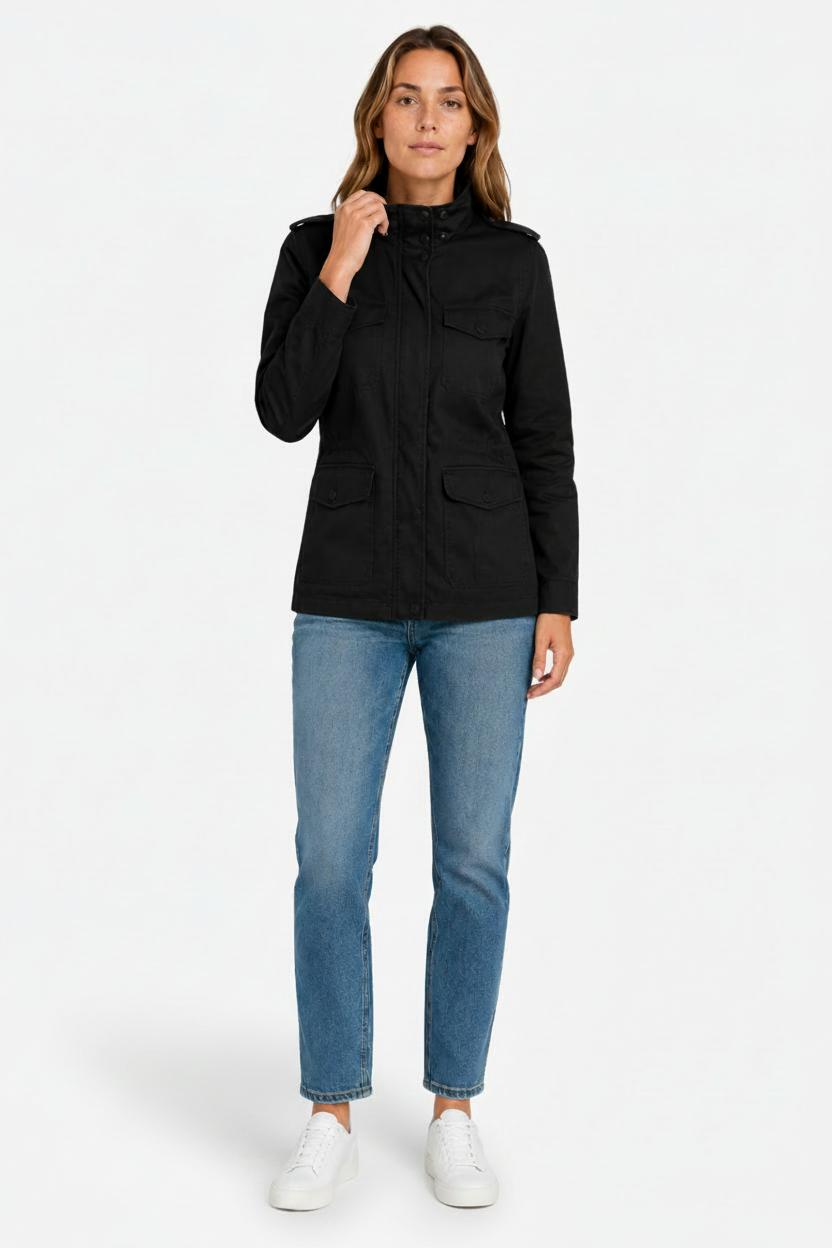 VALERIQUE | Manteau de mi-saison pour femme – Modèle avec poches utilitaires fermeture zippée et boutons-pression