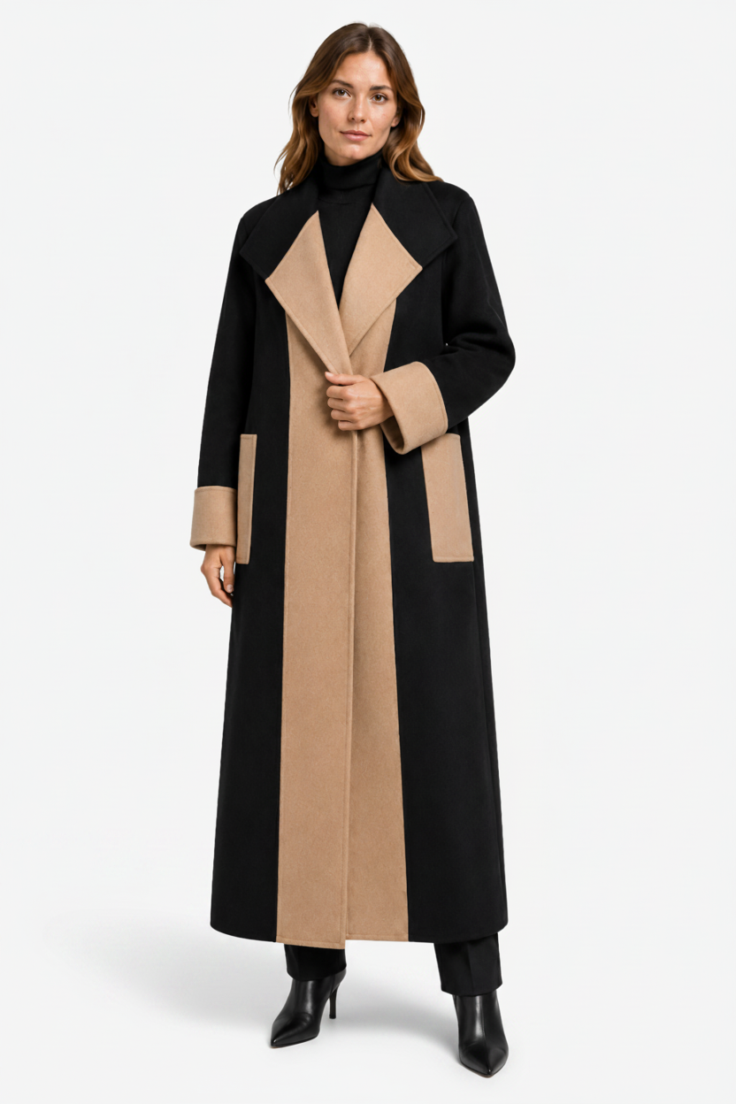 VALERIQUE | Manteau droit pour femme – Modèle long avec empiècements contrastants