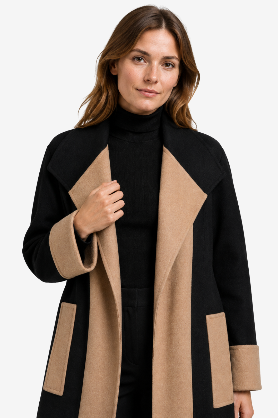 VALERIQUE | Manteau droit pour femme – Modèle long avec empiècements contrastants