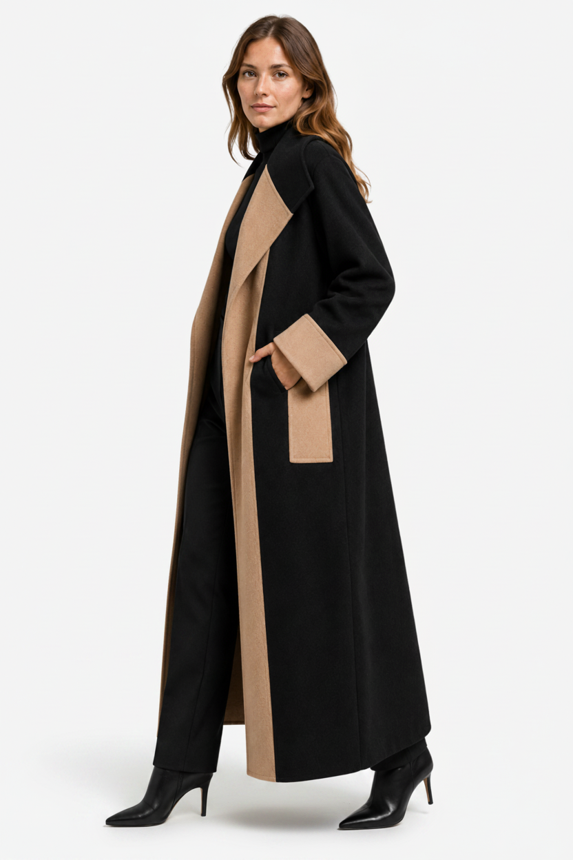 VALERIQUE | Manteau droit pour femme – Modèle long avec empiècements contrastants