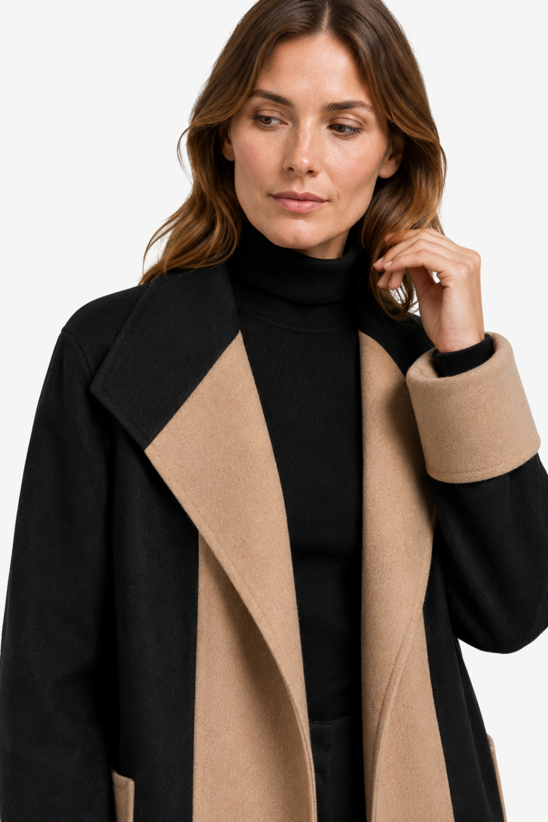 VALERIQUE | Manteau droit pour femme – Modèle long avec empiècements contrastants