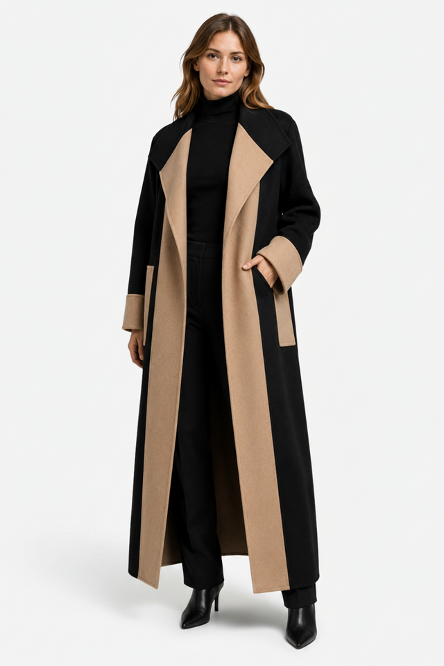 VALERIQUE | Manteau droit pour femme – Modèle long avec empiècements contrastants