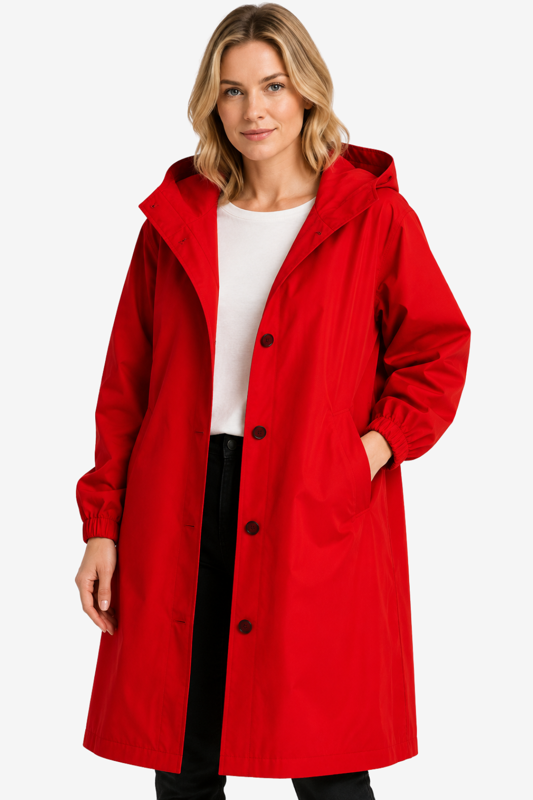 VALERIQUE | Imperméable à capuche pour femme – Coupe longue, boutonnage sur le devant et design décontracté