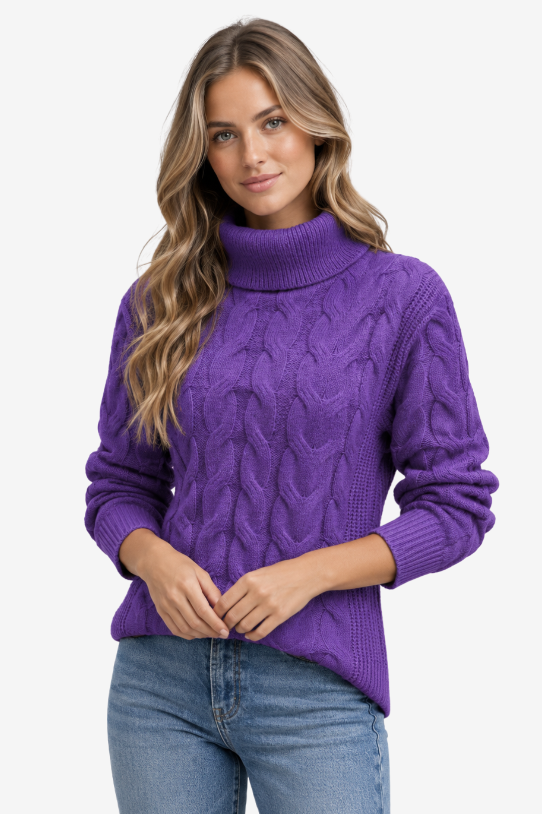 NOMU | Pull col roulé pour femme – Maille torsadée et finitions côtelées