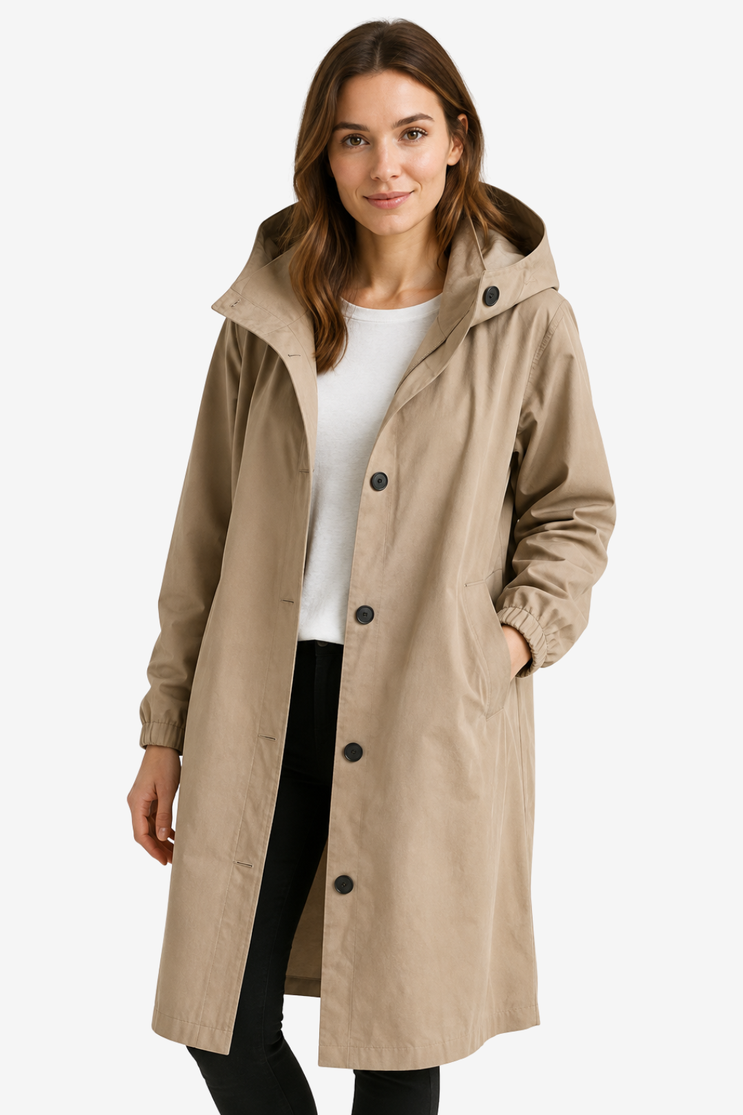 VALERIQUE | Imperméable à capuche pour femme – Coupe longue, boutonnage sur le devant et design décontracté
